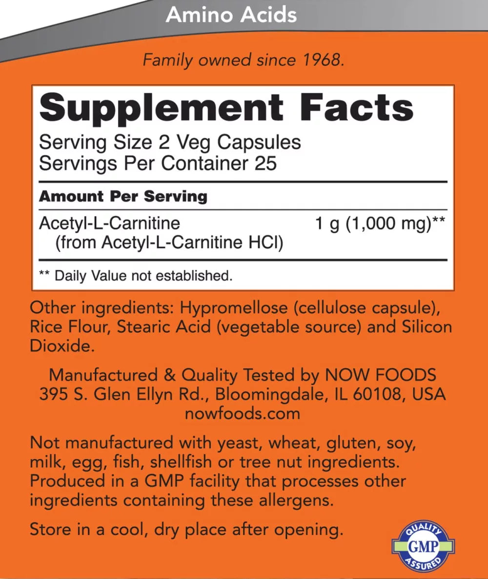 Now Foods Acetyl L-Carnitine Συμπλήρωμα Διατροφής με Καρνιτίνη 500mg 50 φυτικές κάψουλες