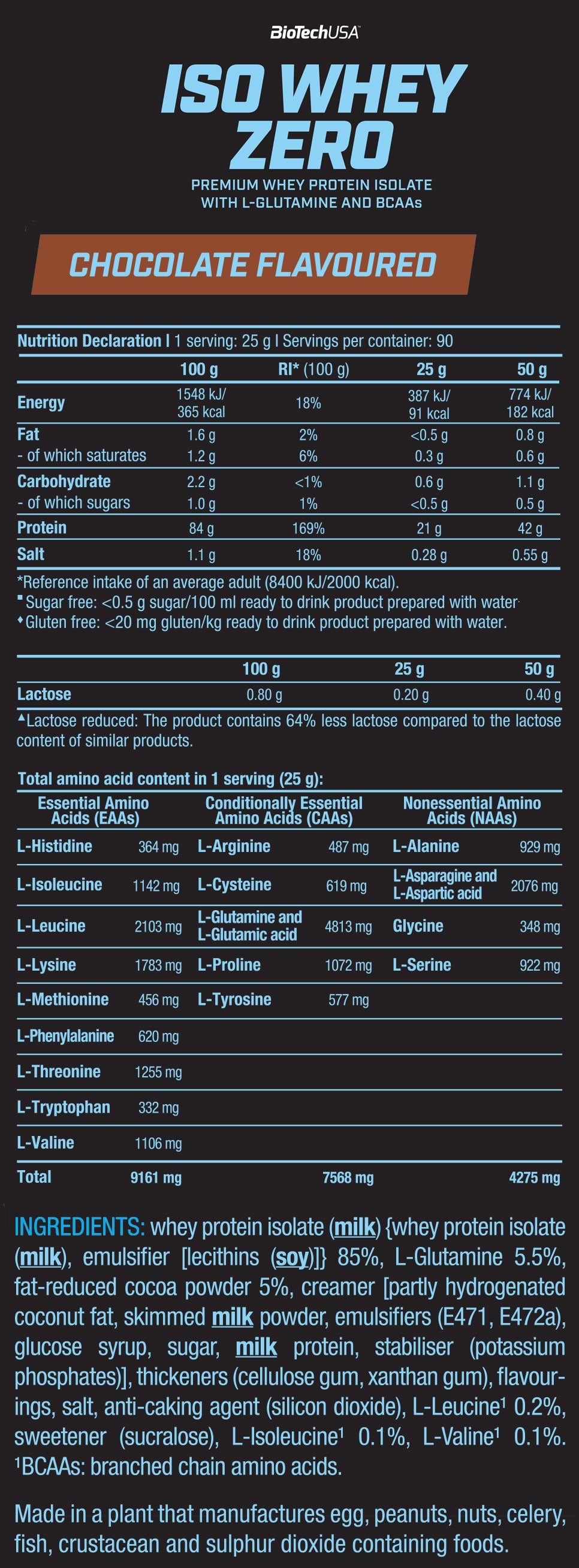 Biotech USA Iso Whey Zero With Glutamine & BCAAs Πρωτεΐνη Ορού Γάλακτος Χωρίς Γλουτένη & Λακτόζη με Γεύση Σοκολάτα 1.816kg