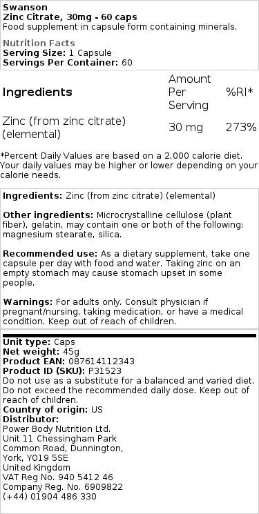 Swanson Zinc Citrate 30mg (60 κάψουλες)