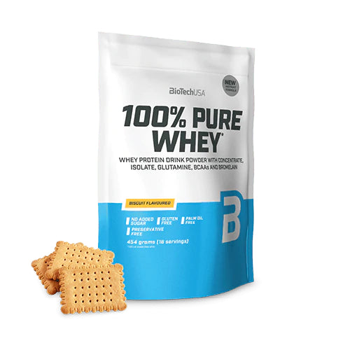 Biotech USA 100% Pure Whey With Concentrate, Isolate, Glutamine & BCAAs Whey Protein Gluten Free 454gr, Biscuit