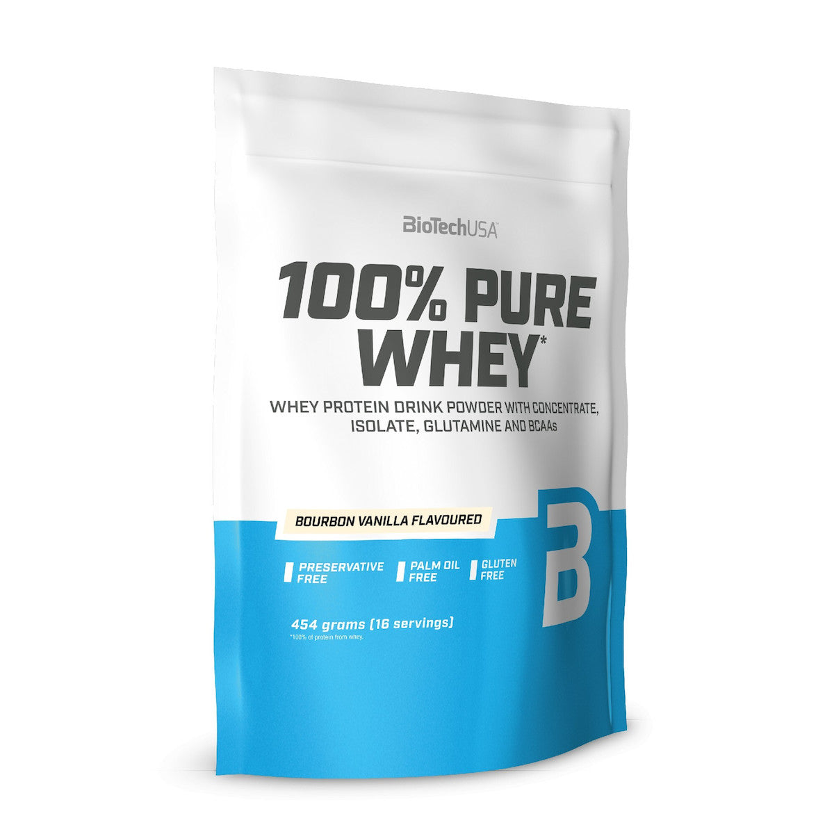Biotech USA 100% Pure Whey With Concentrate, Isolate, Glutamine & BCAAs Whey Protein Gluten Free with Bourbon Vanilla Flavor 454gr