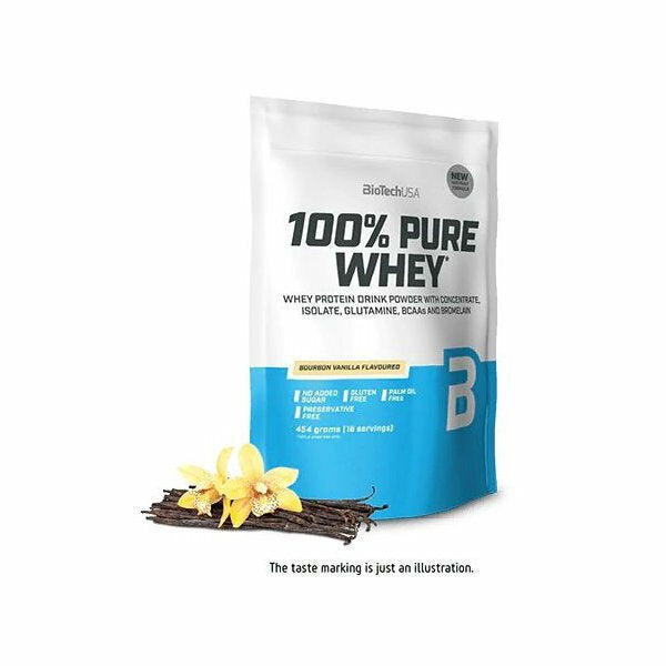 Biotech USA 100% Pure Whey With Concentrate, Isolate, Glutamine & BCAAs Whey Protein Gluten Free with Bourbon Vanilla Flavor 454gr