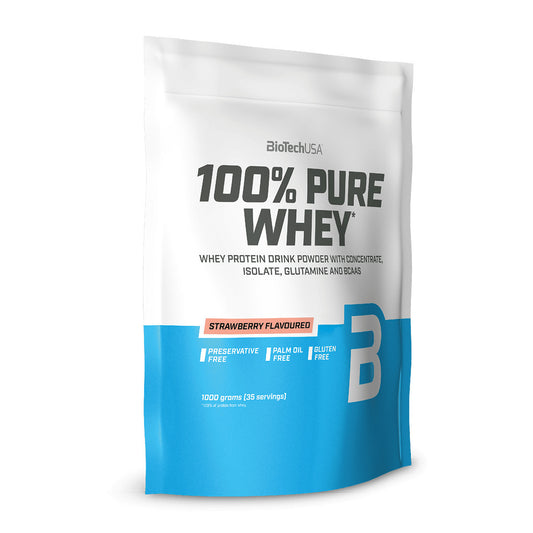 Biotech USA 100% Pure Whey With Concentrate, Isolate, Glutamine & BCAAs Πρωτεΐνη Ορού Γάλακτος Χωρίς Γλουτένη με Γεύση Φράουλα 1kg