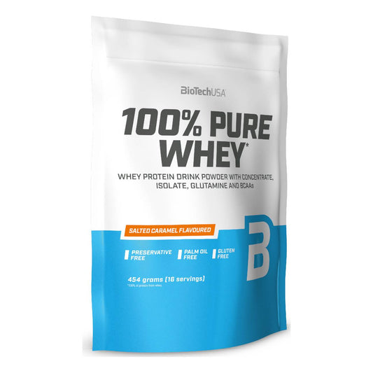 Biotech USA 100% Pure Whey With Concentrate, Isolate, Glutamine & BCAAs Πρωτεΐνη Ορού Γάλακτος Χωρίς Γλουτένη με Γεύση Salted Caramel 454gr