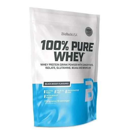 Biotech USA 100% Pure Whey With Concentrate, Isolate, Glutamine & BCAAs Πρωτεΐνη Ορού Γάλακτος Χωρίς Γλουτένη με Γεύση Black Biscuit 454gr