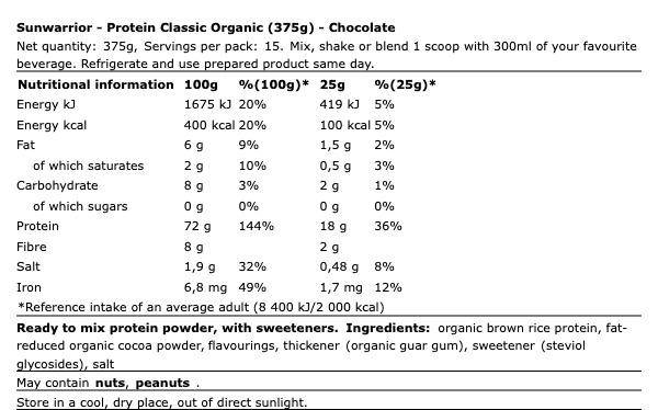 Sunwarrior Protein Classic Organic Chocolate (375 g)