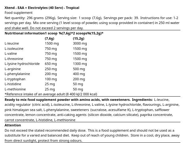 XTend EAAs + Electrolytes 100mg 300gr (40 Μερίδες) Tropical