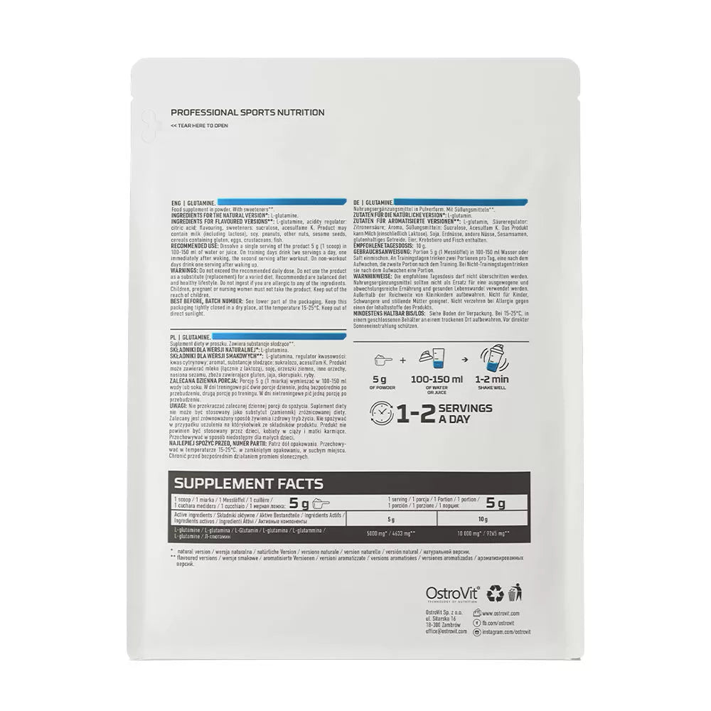OstroVit Glutamine – Καθαρή L-Γλουταμίνη σε Σκόνη (500g, Natural)