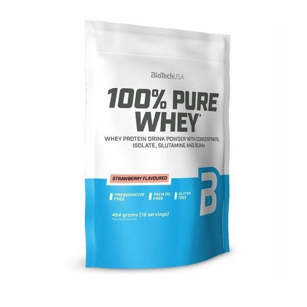 Biotech USA 100% Pure Whey With Concentrate, Isolate, Glutamine & BCAAs Whey Protein Gluten Free 454gr, Strawberry