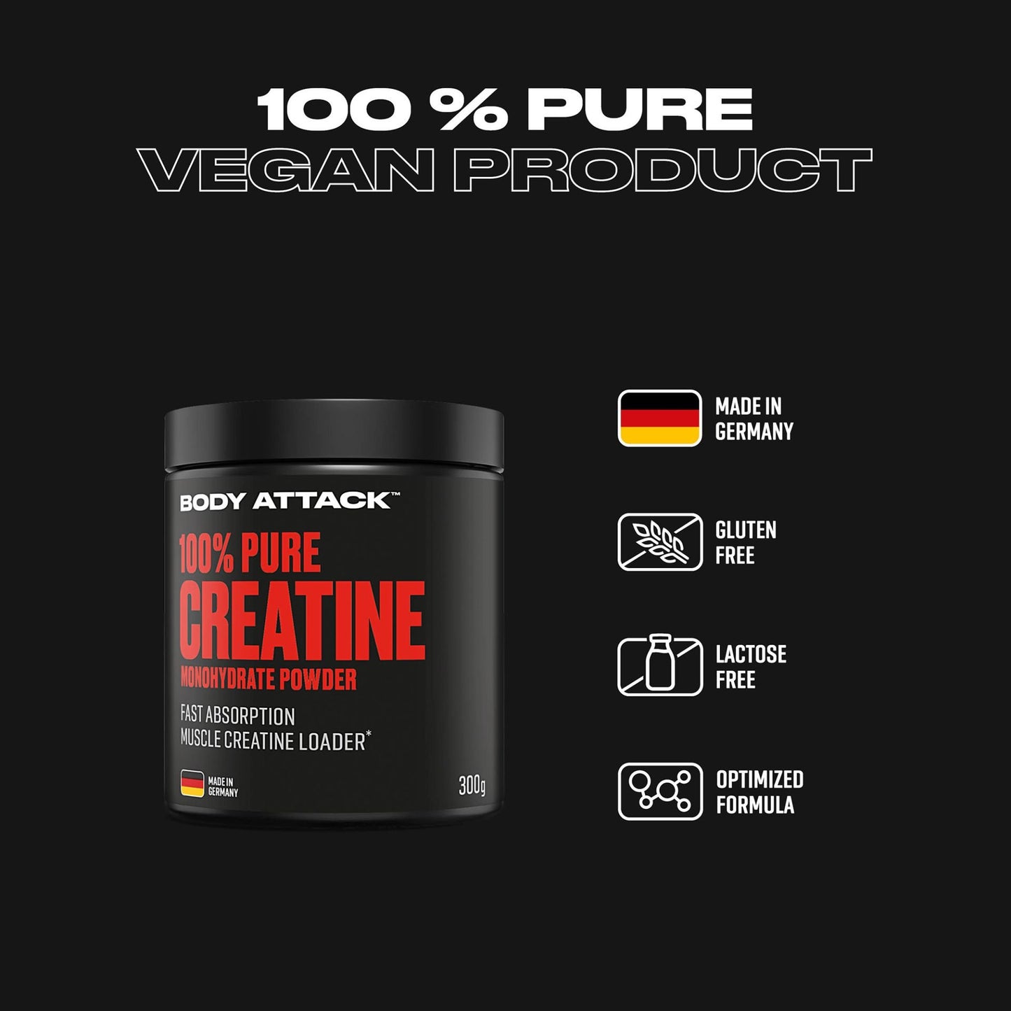 Body Attack 100% Pure Creatine Μονοϋδρική Κρεατίνη Unflavoured 300gr