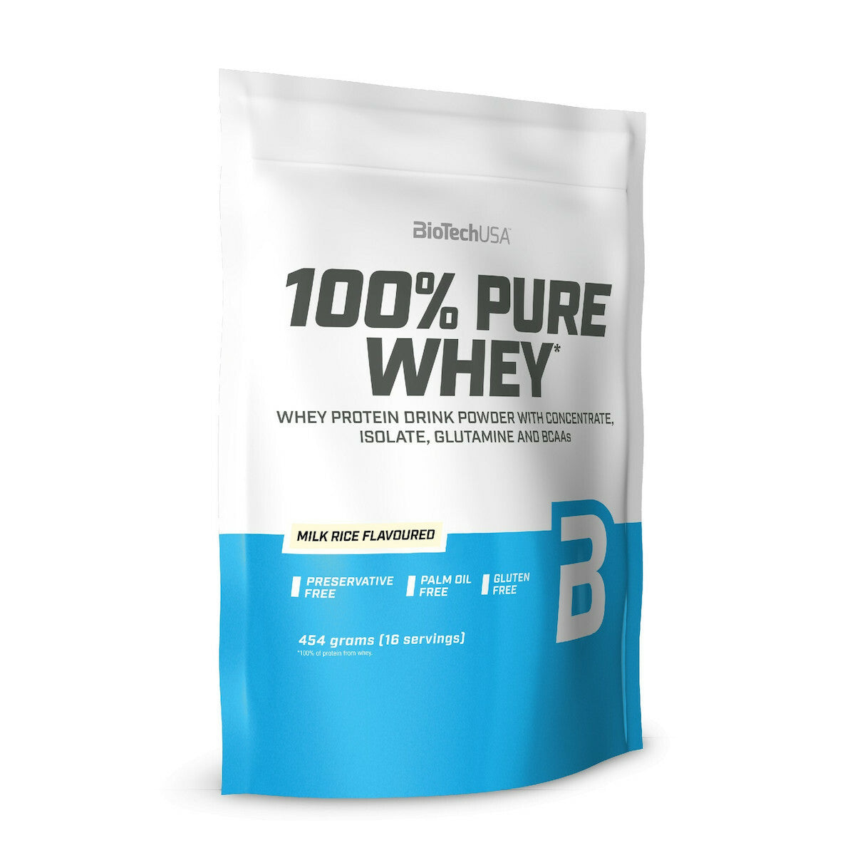 Biotech USA 100% Pure Whey With Concentrate, Isolate, Glutamine & BCAAs Πρωτεΐνη Ορού Γάλακτος Χωρίς Γλουτένη με Γεύση Milk Rice 454gr