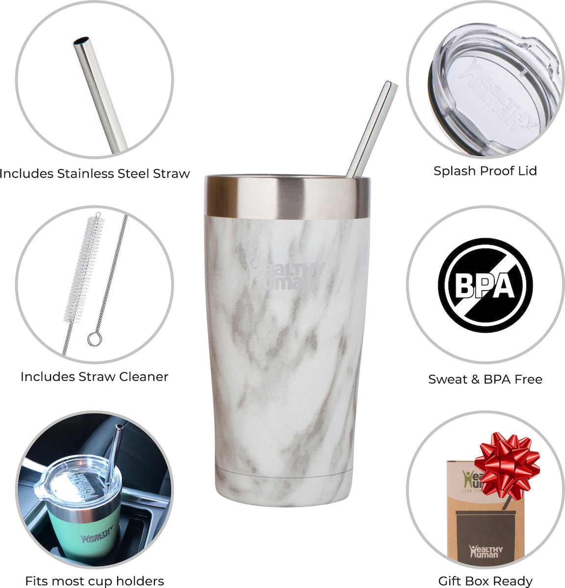 Healthy Human Cruiser Tumbler Stone White Ποτήρι Θερμός με Καλαμάκι 0.59lt