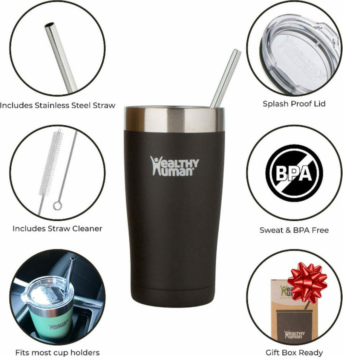 Healthy Human Cruiser Tumbler Black Onyx Thermos Tumbler with Straw 0.59lt